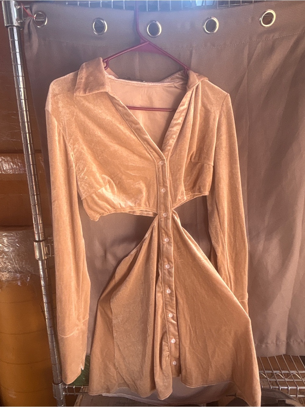 Simple Cutout Button-Front Long Sleeve Dress in Camel